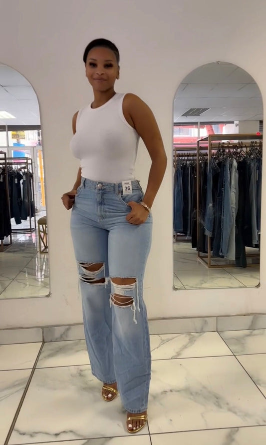 Blue ripped wide leg high-rise jeans
