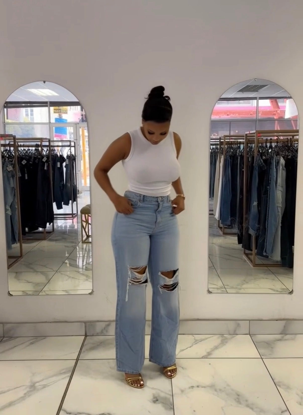 Blue ripped wide leg high-rise jeans